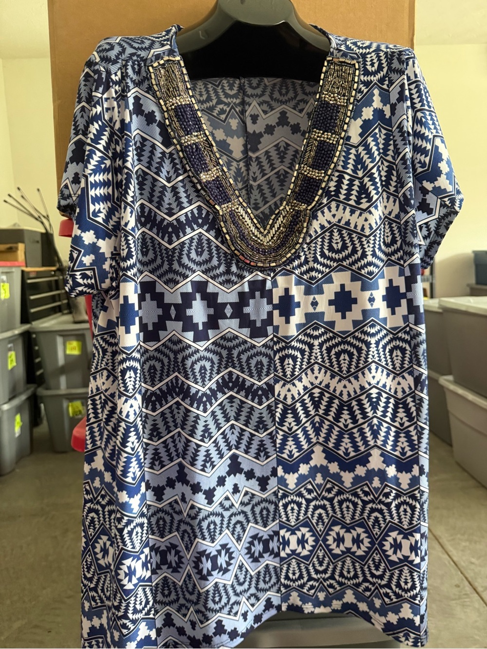 Beaded V-Neck Blue Geo Print Women's Top p64